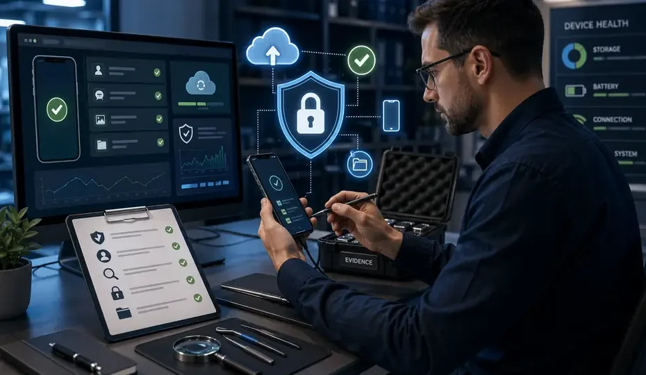 Legal cell phone forensics and recovery specialist reviewing a secure smartphone