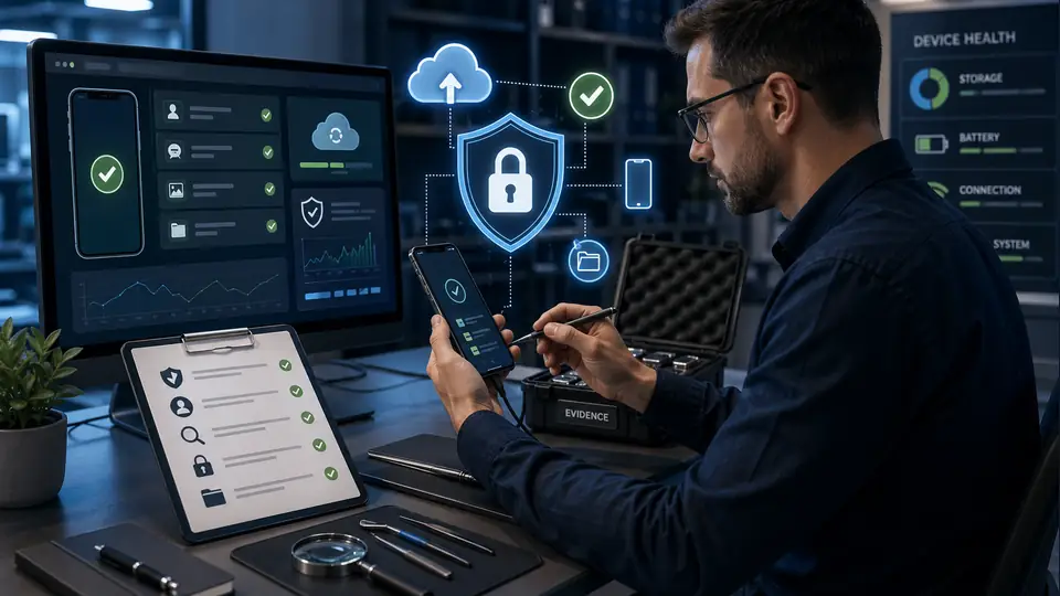 Legal cell phone forensics and recovery specialist reviewing a secure smartphone