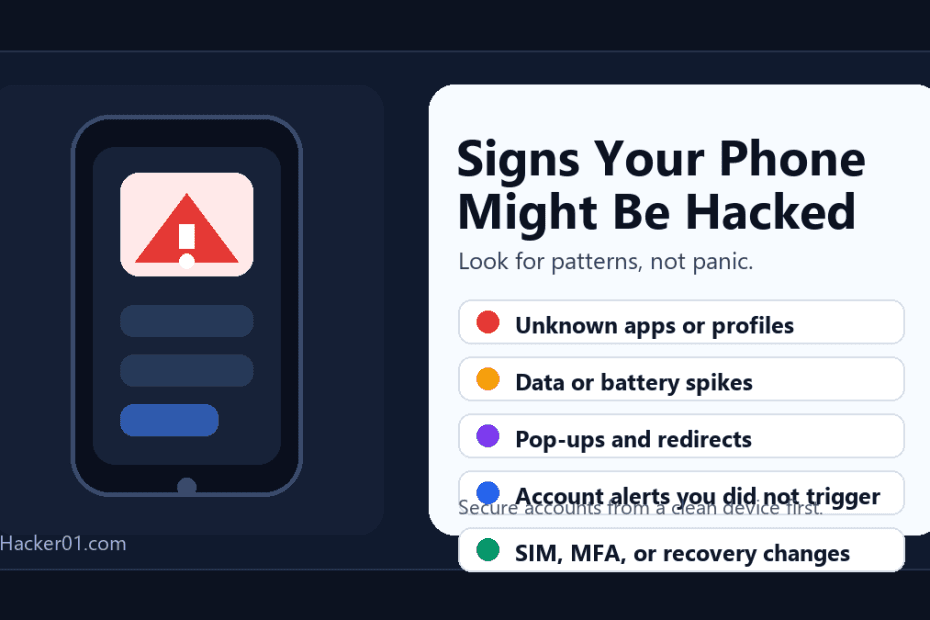 Infographic showing signs your phone might be hacked, including unknown apps, data spikes, pop-ups, account alerts, and SIM changes