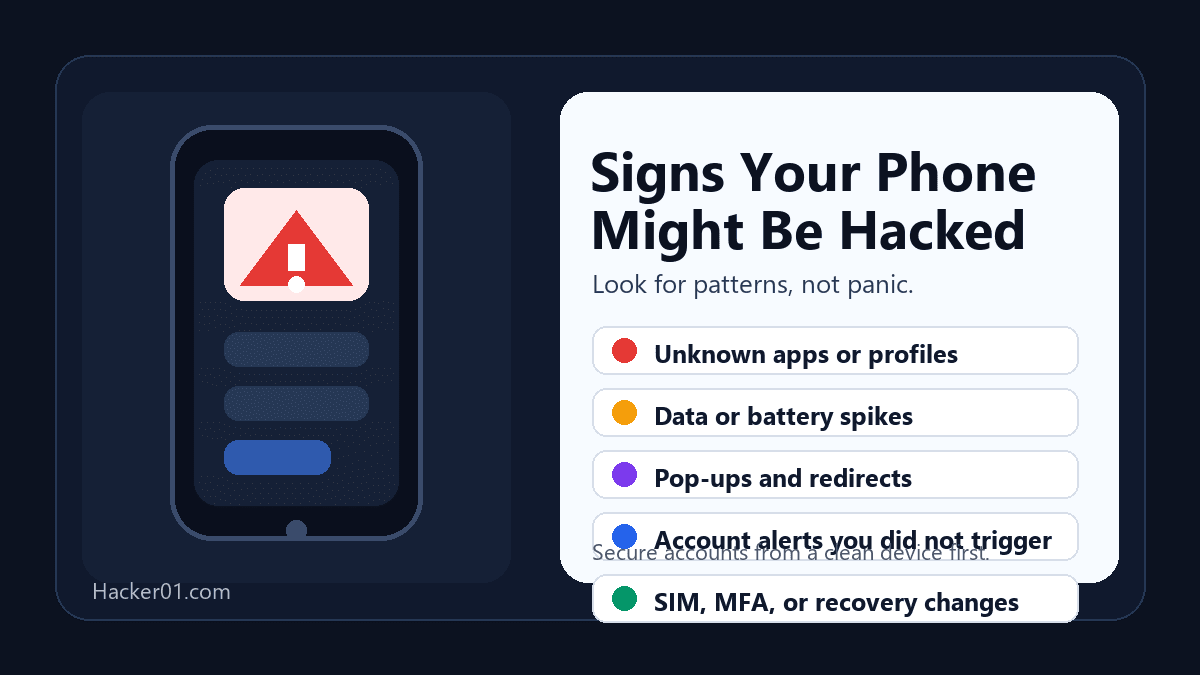 Infographic showing signs your phone might be hacked, including unknown apps, data spikes, pop-ups, account alerts, and SIM changes
