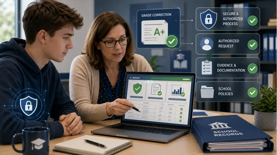 Student and teacher reviewing an ethical grade correction request in a secure school system