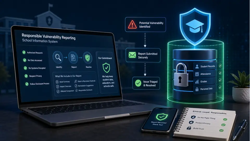 Responsible security reporting for a protected school information system