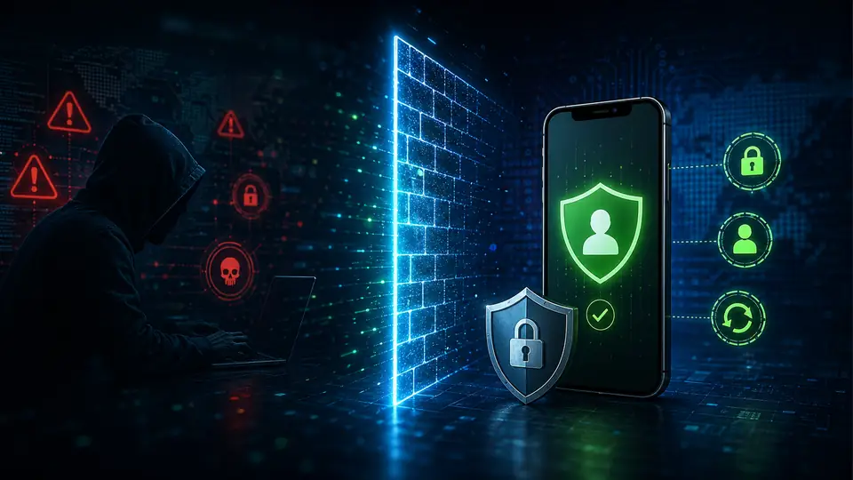 Hacker threat blocked by digital firewall protecting a messaging account