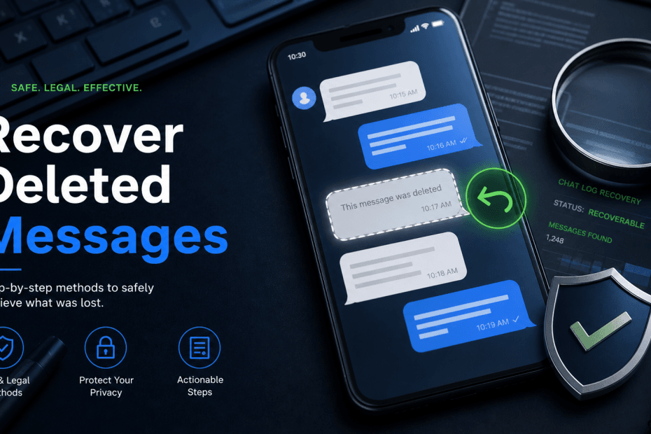 Phone screen showing Messenger-style deleted messages recovery and account security