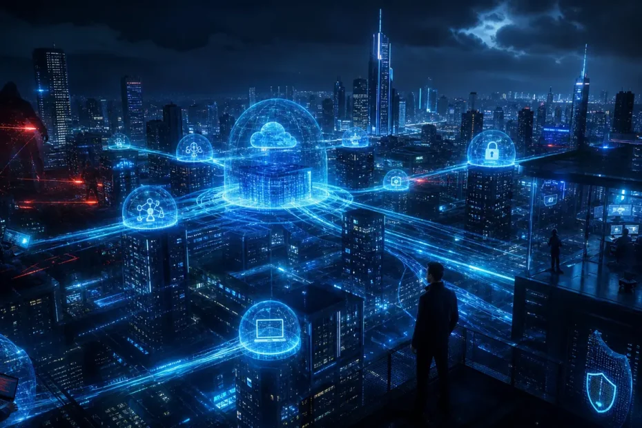 Digital city showing trusted platforms protected by cybersecurity shields