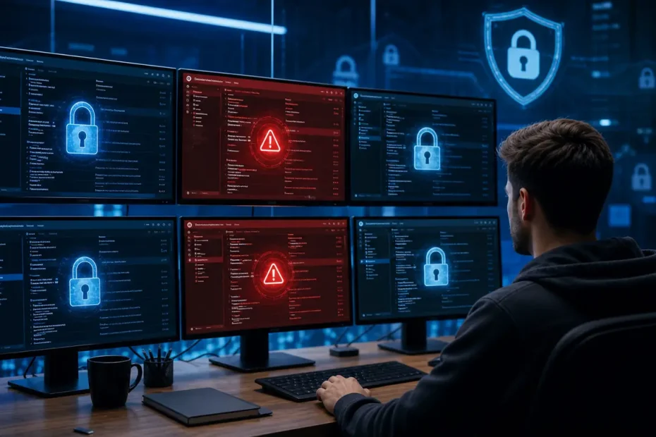 Developer monitors showing fake GitHub repository warnings