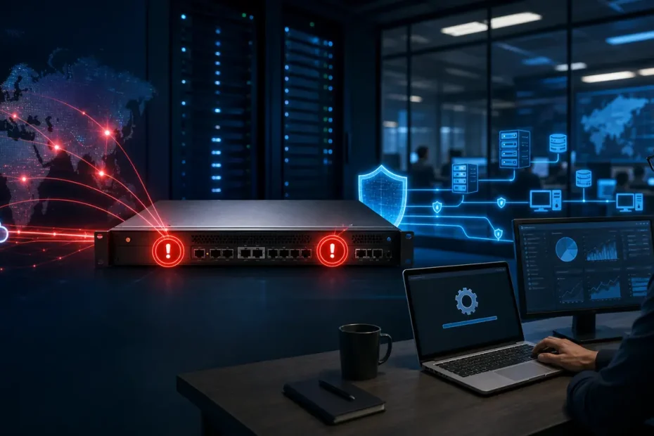 Remote-access gateway showing two active vulnerability warnings while a security analyst applies protection