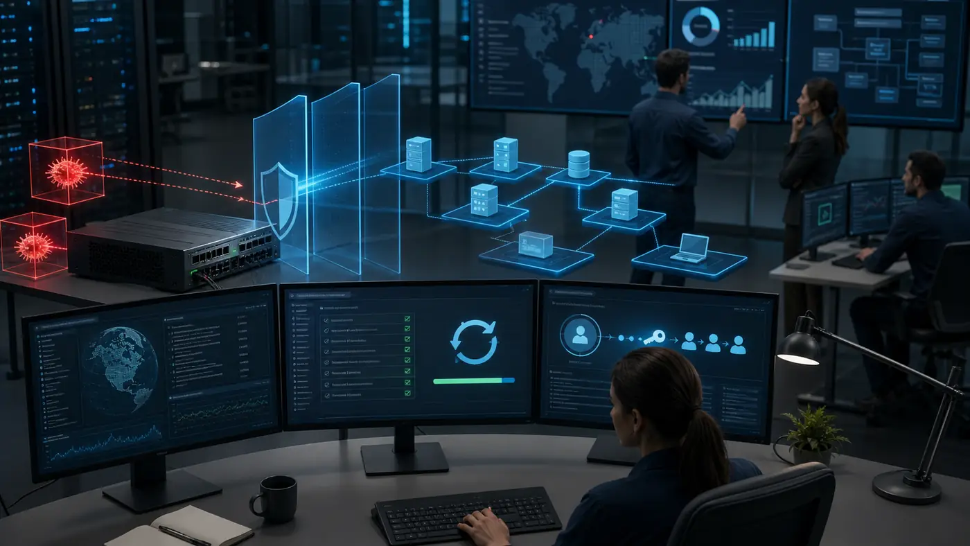 Security team patching a remote-access gateway and monitoring a segmented network