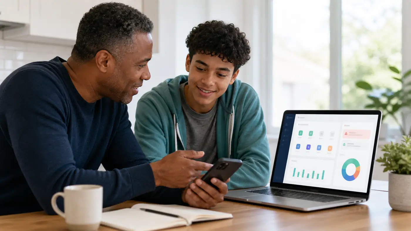 Parent and teenager reviewing authorized phone safety and parental control settings together