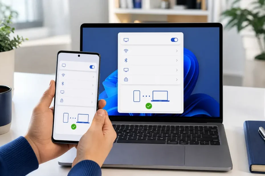 Phone screen mirrored to a laptop after secure device pairing