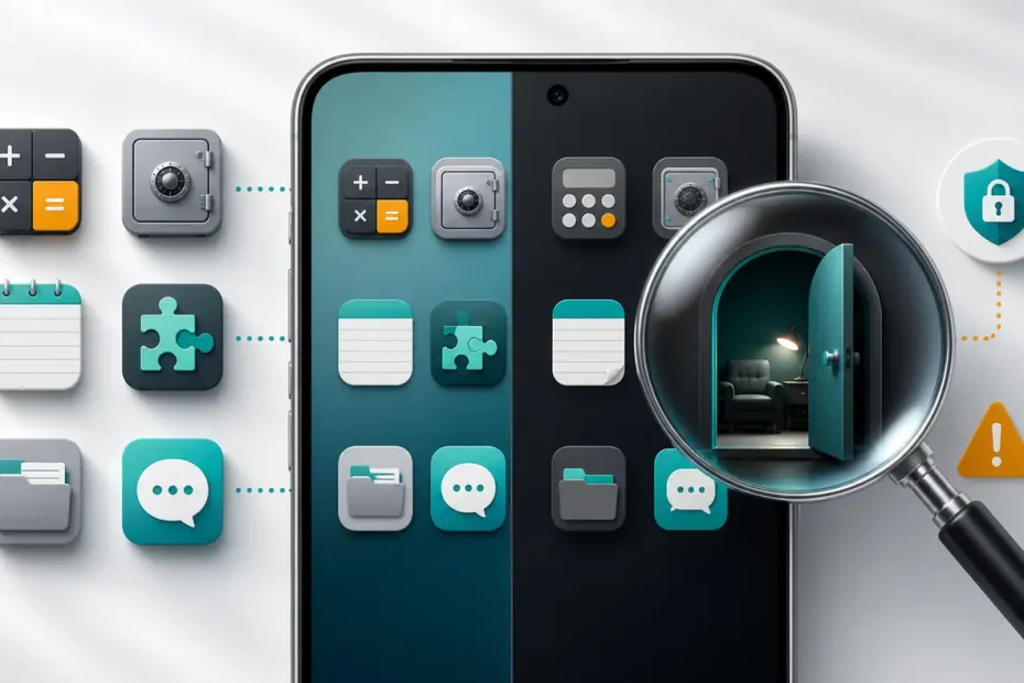 Generic secret messaging app icons disguised as calculator vault notes game and utility apps