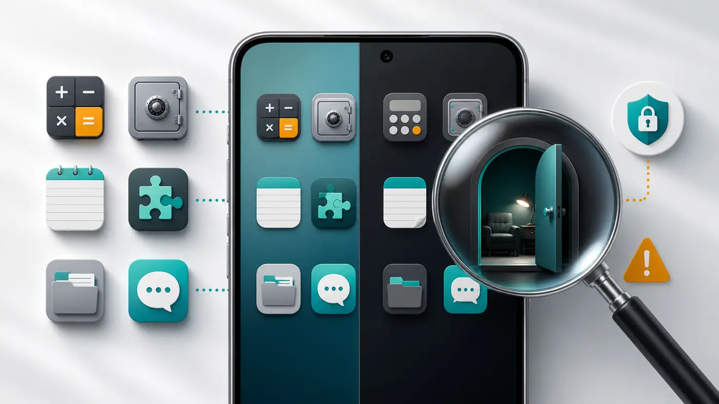 Generic secret messaging app icons disguised as calculator vault notes game and utility apps